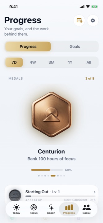 Peak Progress screen with medals